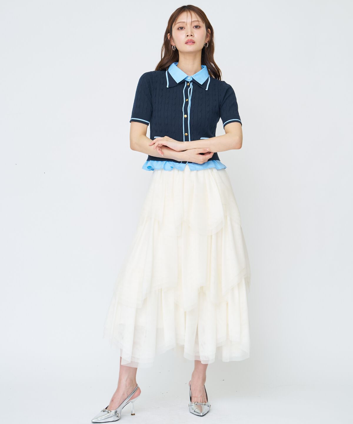 アンドクチュール「配色シャツ襟ペプラムニットプルオーバー」|ニット・セーター|