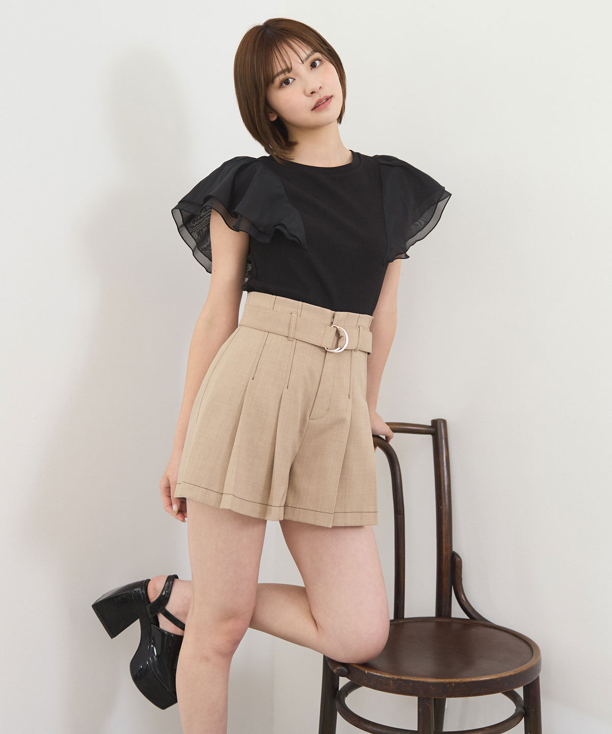 REDYAZEL「配色ステッチハイウエストタックショートパンツ」|キュロット|