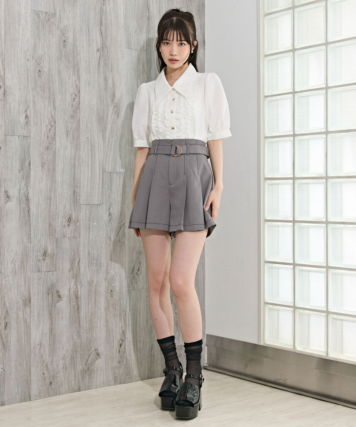 REDYAZEL「配色ステッチハイウエストタックショートパンツ」|キュロット|