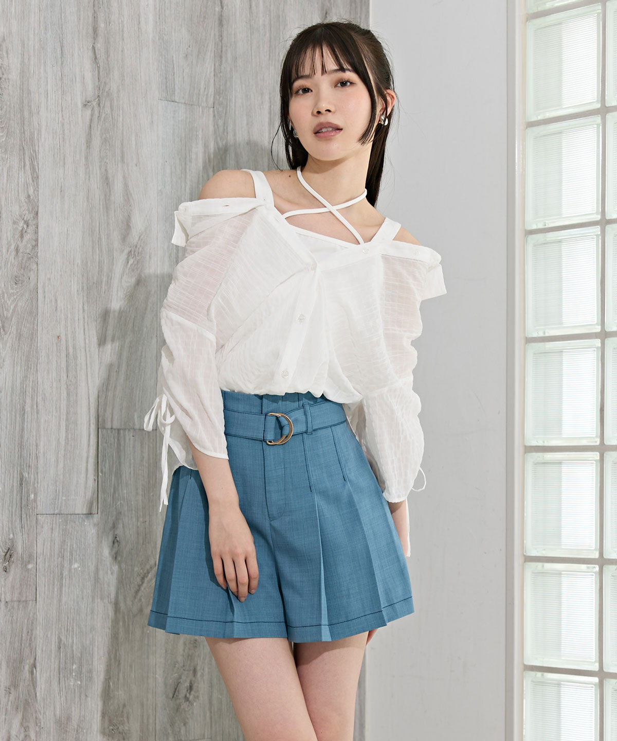 REDYAZEL「配色ステッチハイウエストタックショートパンツ」|キュロット|ブルー