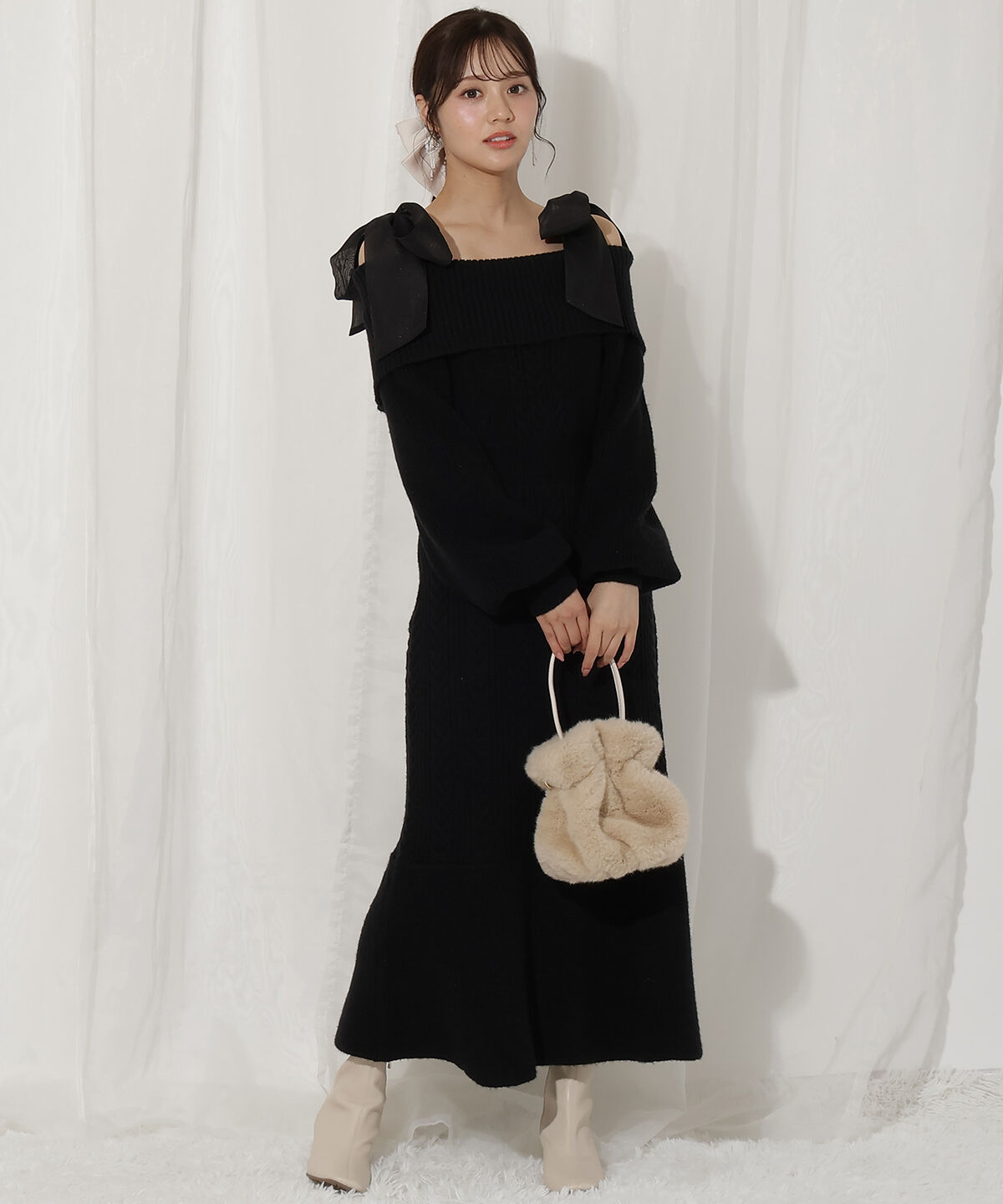 WILLSELECTION「肩リボンケーブルニットワンピース」|ワンピース|ブラック