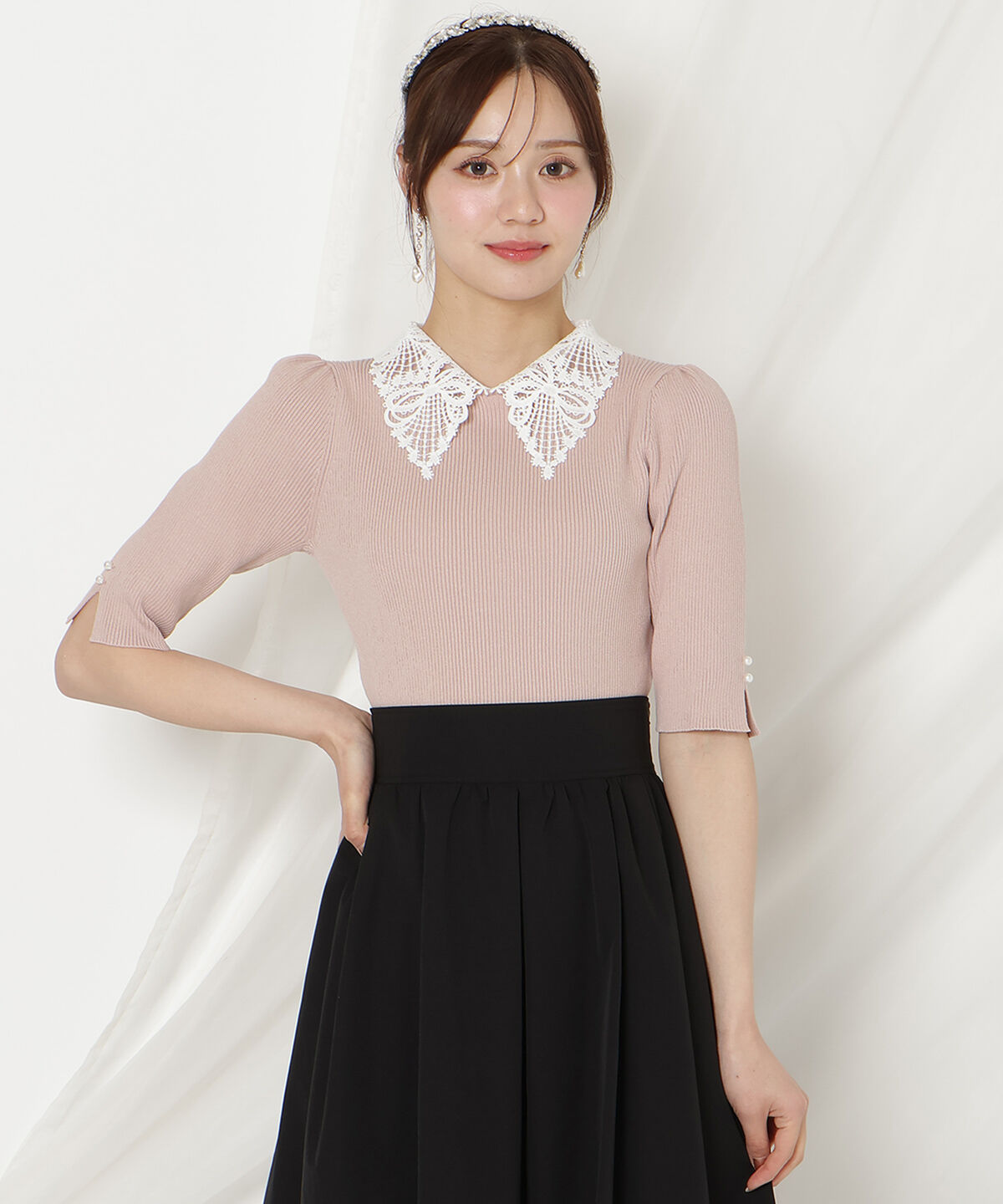 WILLSELECTION「リボンレースカラーリブニット」|ニット・セーター|ピンク