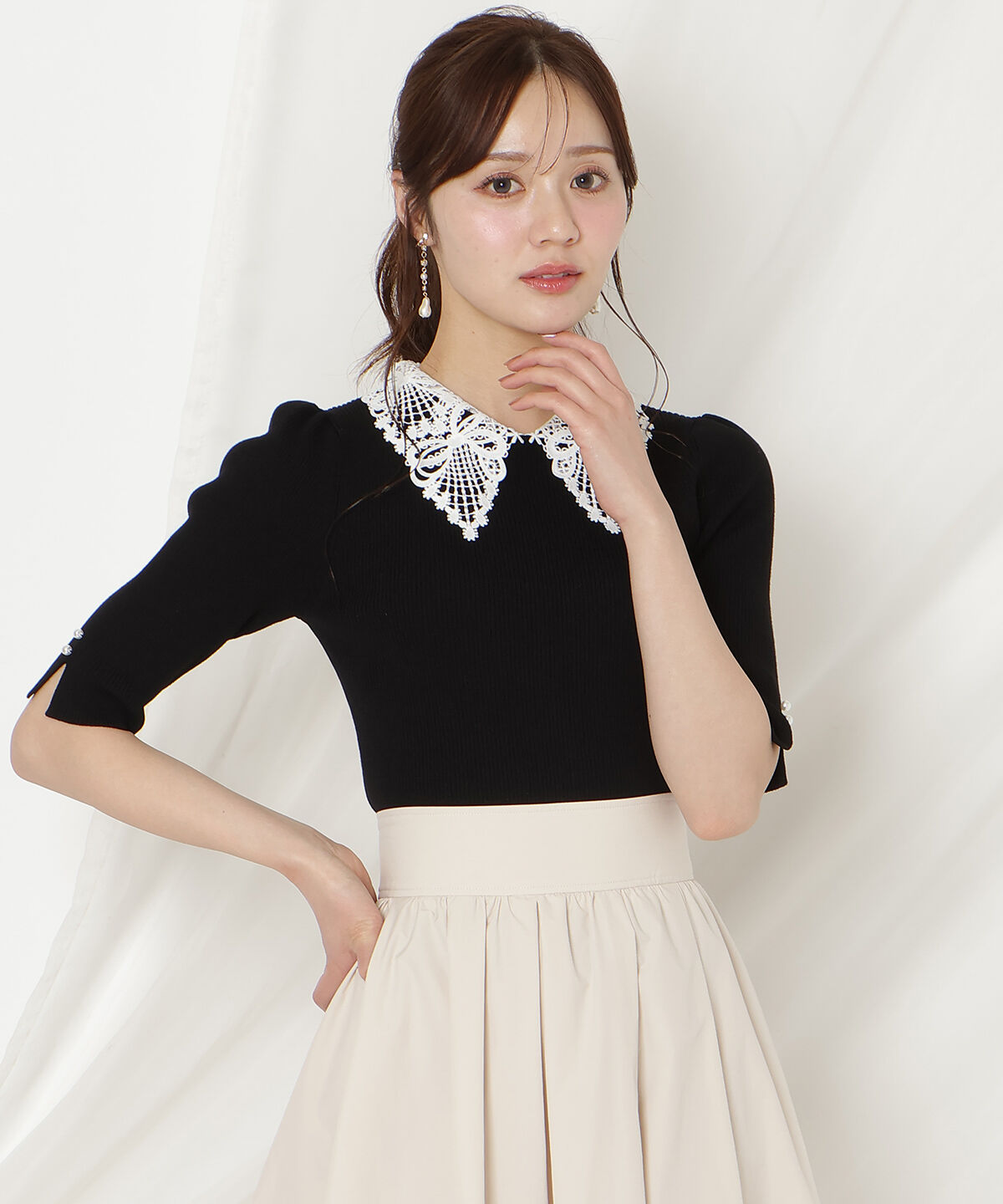 WILLSELECTION「リボンレースカラーリブニット」|ニット・セーター|ブラック