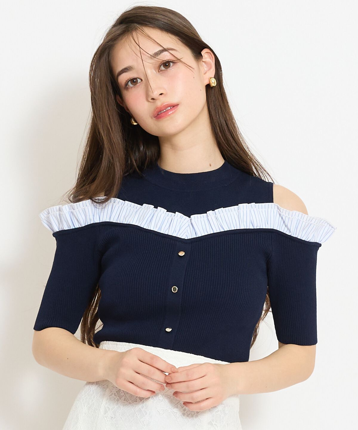 WILLSELECTION「フリルレイヤードリブニット」|ニット・セーター|ネイビー