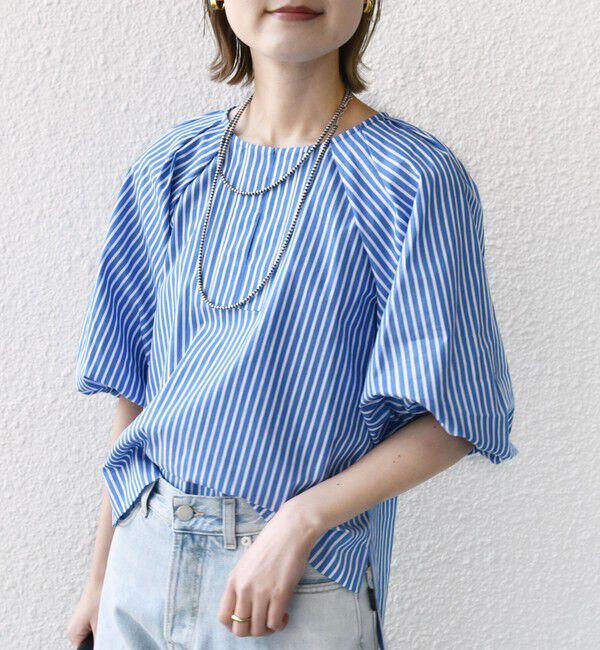 SHIPS for women「〈手洗い可能〉ストライプ バルーン ブラウス」|シャツ・ブラウス|ブルー