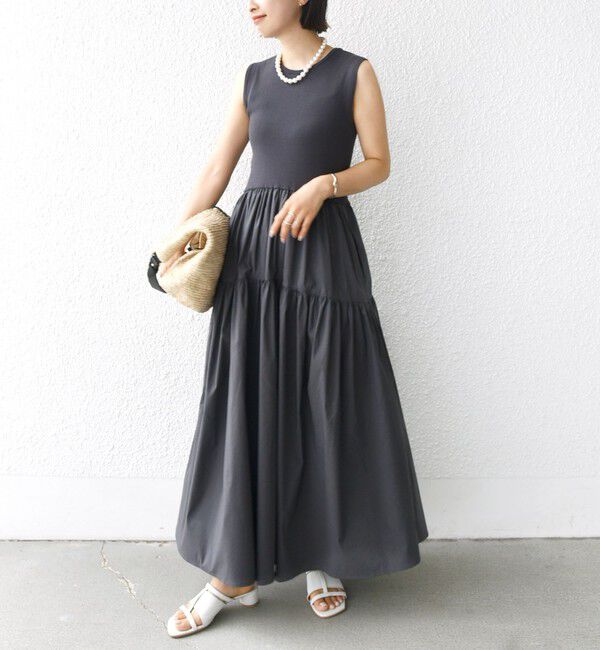 SHIPS for women「〈手洗い可能〉コットン リブ ノースリーブ &times; 布帛 スカート ワンピース」|ワンピース|チャコールグレー