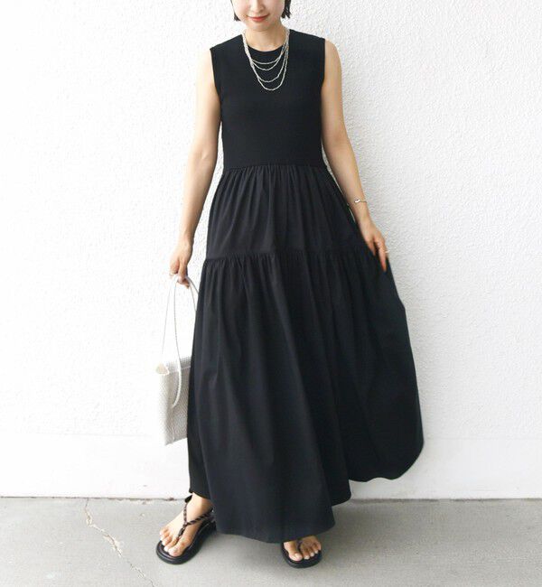 SHIPS for women「〈手洗い可能〉コットン リブ ノースリーブ &times; 布帛 スカート ワンピース」|ワンピース|ブラック