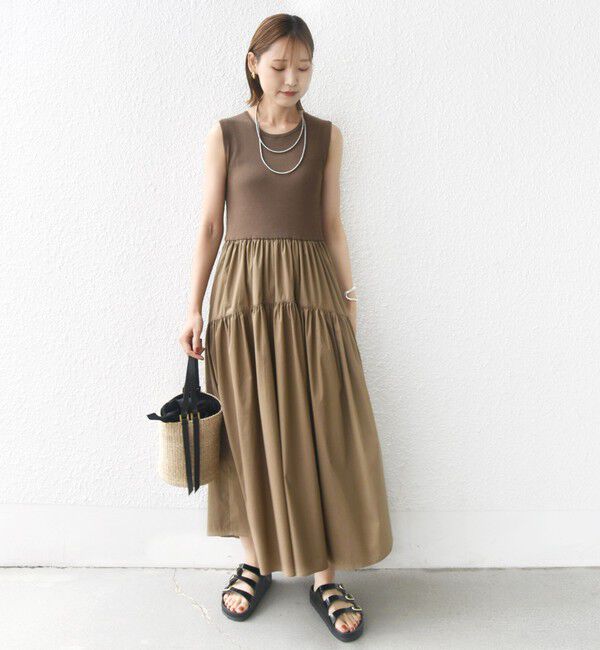 SHIPS for women「〈手洗い可能〉コットン リブ ノースリーブ &times; 布帛 スカート ワンピース」|ワンピース|