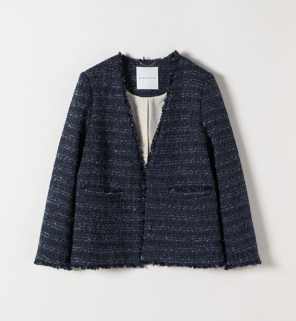 quaranciel「quaranciel: ツイード ノーラペル フリンジ ジャケット」|ノーカラージャケット|