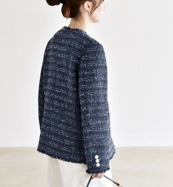 quaranciel「quaranciel: ツイード ノーラペル フリンジ ジャケット」|ノーカラージャケット|