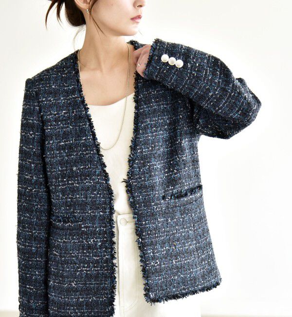 quaranciel「quaranciel: ツイード ノーラペル フリンジ ジャケット」|ノーカラージャケット|
