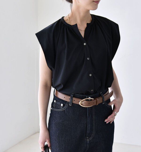 quaranciel「《予約》quaranciel:〈接触冷感/UVカット/吸水速乾/洗濯機可能〉スキッパー ギャザー シャツ カットソー」|シャツ・ブラウス|