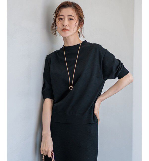 23区「【洗える】ヴィスコースストレッチ 半袖 ニット」|ニット・セーター|ブラック系