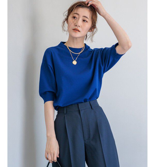 23区「【洗える】ヴィスコースストレッチ 半袖 ニット」|ニット・セーター|ブルー系