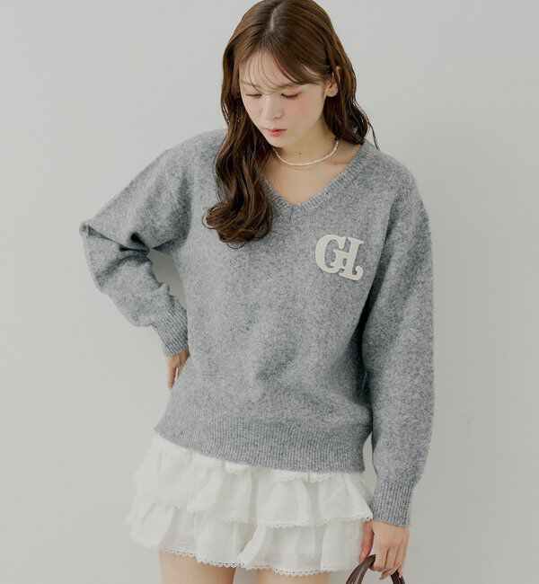  「【セットアップ対応】胸ロゴVネックルーズニット」|ニット・セーター|