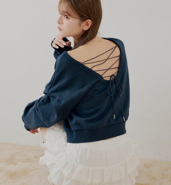  「【SALON by Chico/一部店舗限定】バックレースアップクルースウェット」|Tシャツ・カットソー|ネイビー