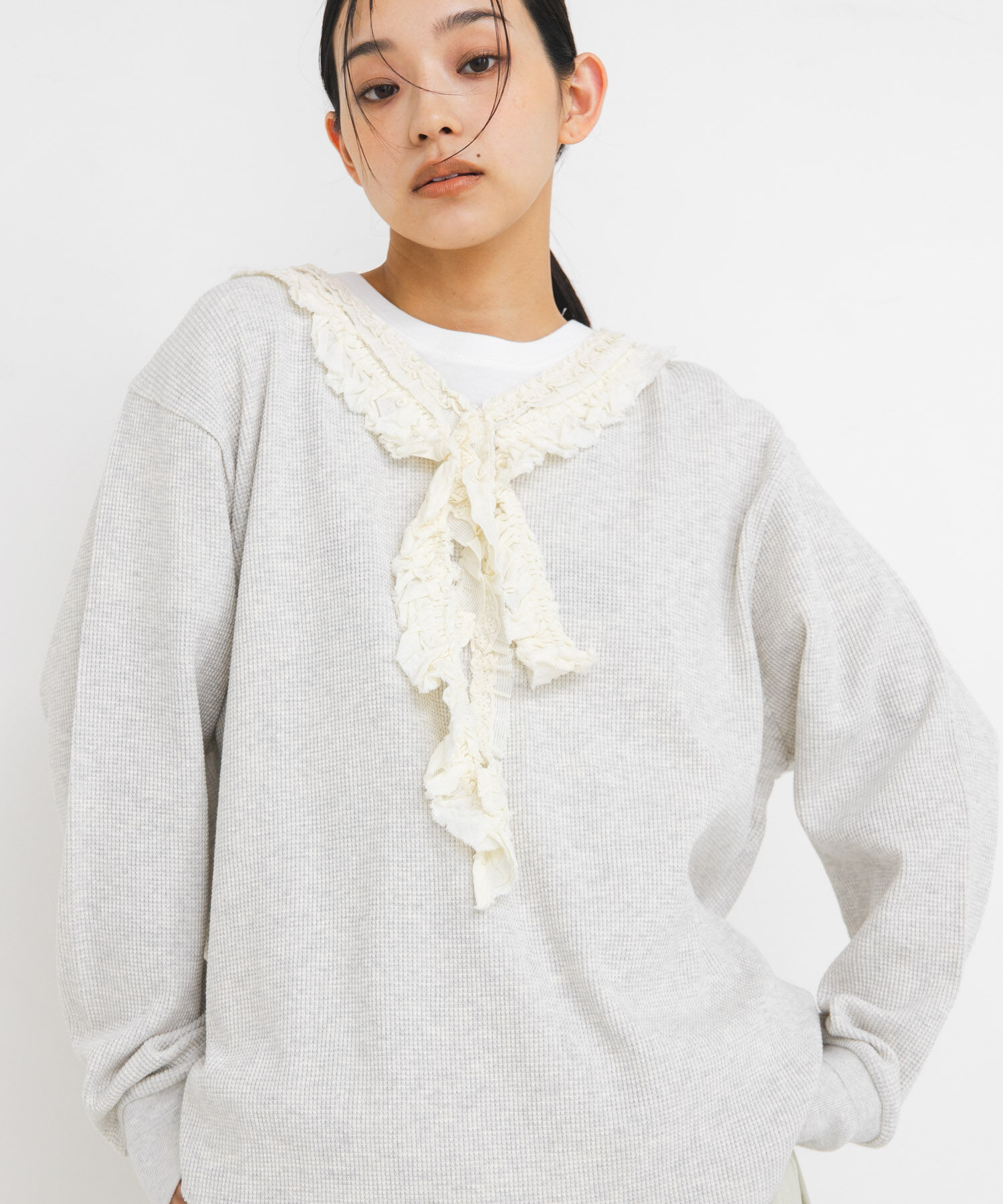  「レースフリルワッフルプルオーバー」|Tシャツ・カットソー|オートミール