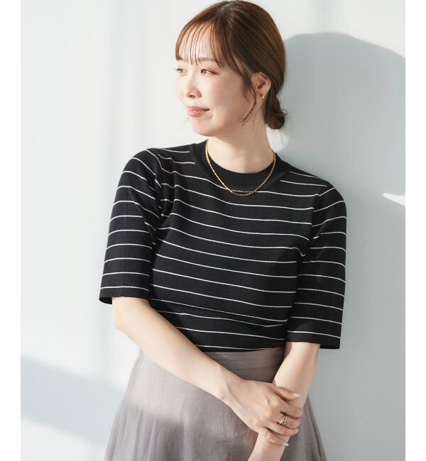 le.coeur blanc「《手洗い可能》5分袖ボーダーニットプルオーバー」|ニット・セーター|