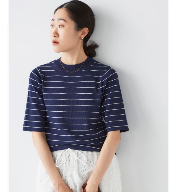 le.coeur blanc「《手洗い可能》5分袖ボーダーニットプルオーバー」|ニット・セーター|ネイビー柄