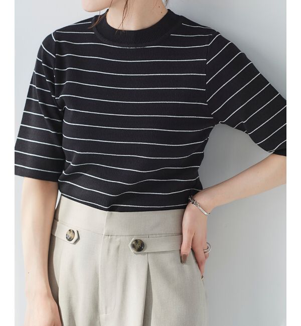 le.coeur blanc「《手洗い可能》5分袖ボーダーニットプルオーバー」|ニット・セーター|ブラック柄