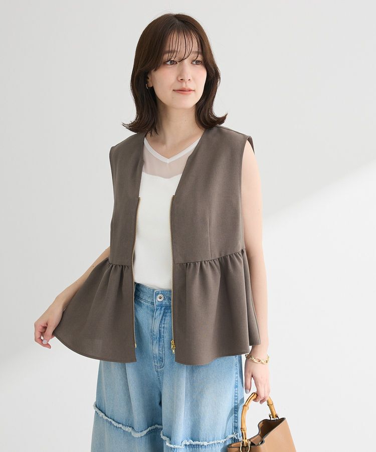 Green Parks「麻調ペプラムzipベスト」|ベスト・ジレ|