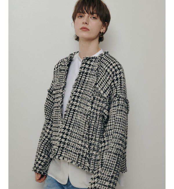 allureville「ハウンドトゥースブロッキングジャケット」|ノーカラージャケット|