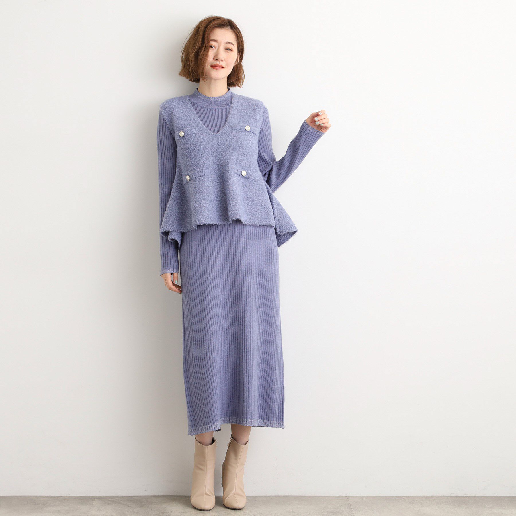 grove「【2点SET/体型カバー】一枚で決まる、ペプラムベスト&times;ニットワンピース」|ワンピース|