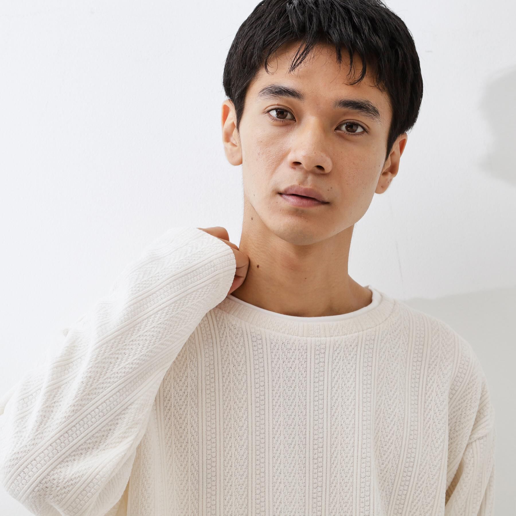 THE SHOP TK「【心地良い、滑らかさ】レイヤード風ケーブル ニットソー 【洗濯機OK】」|Tシャツ・カットソー|オフホワイト(003