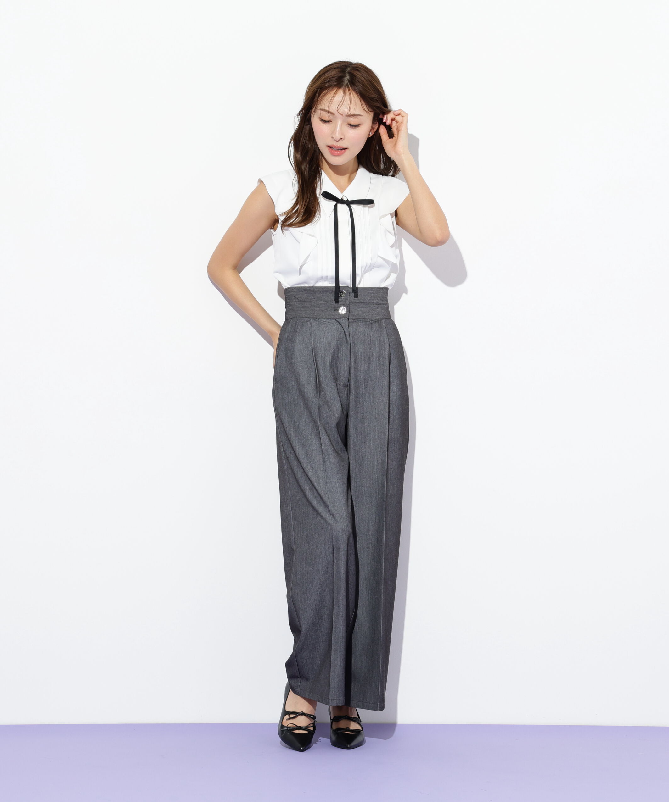  「リボン付きピンタックノースリーブブラウス」|シャツ・ブラウス|