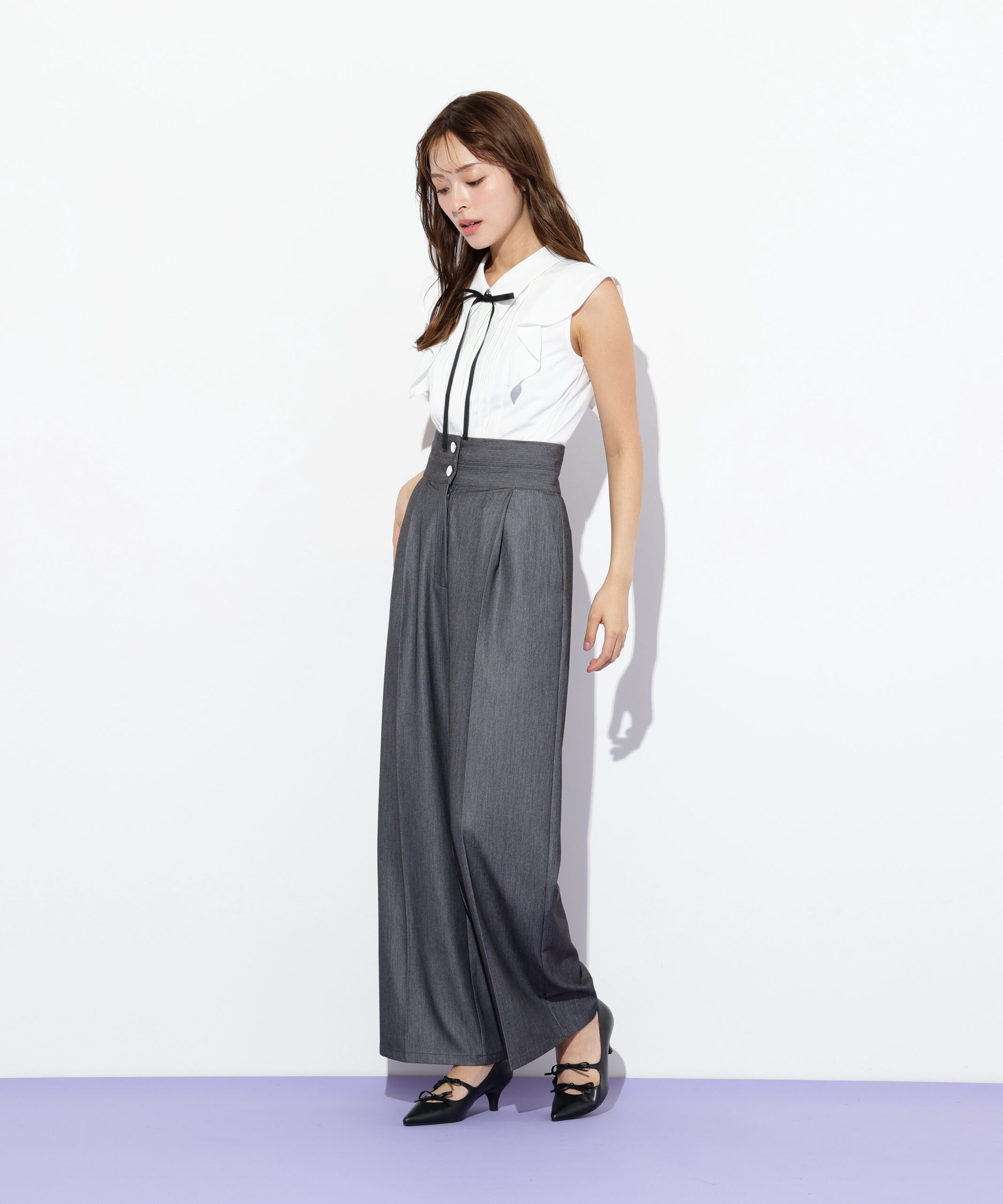  「リボン付きピンタックノースリーブブラウス」|シャツ・ブラウス|