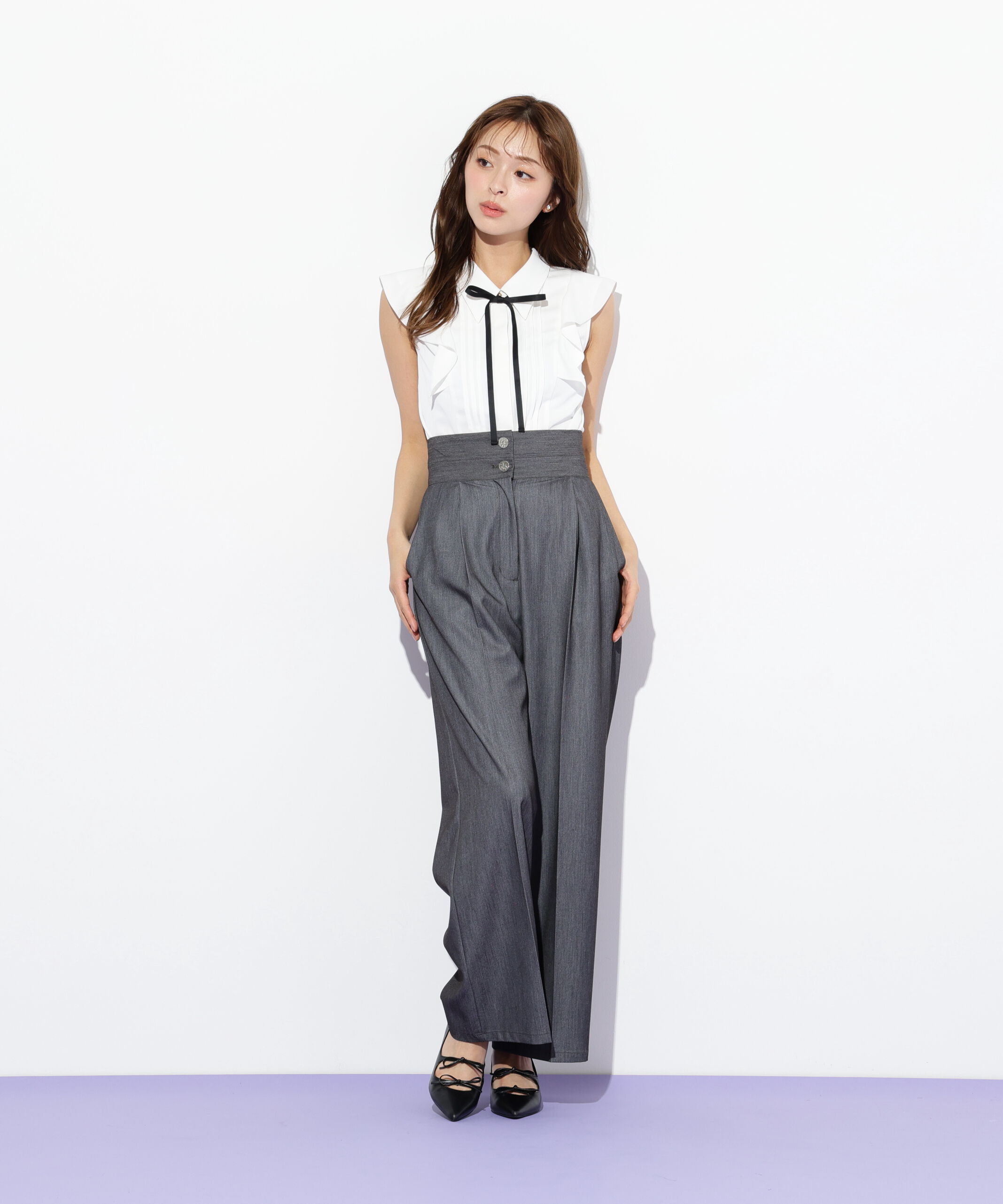  「リボン付きピンタックノースリーブブラウス」|シャツ・ブラウス|