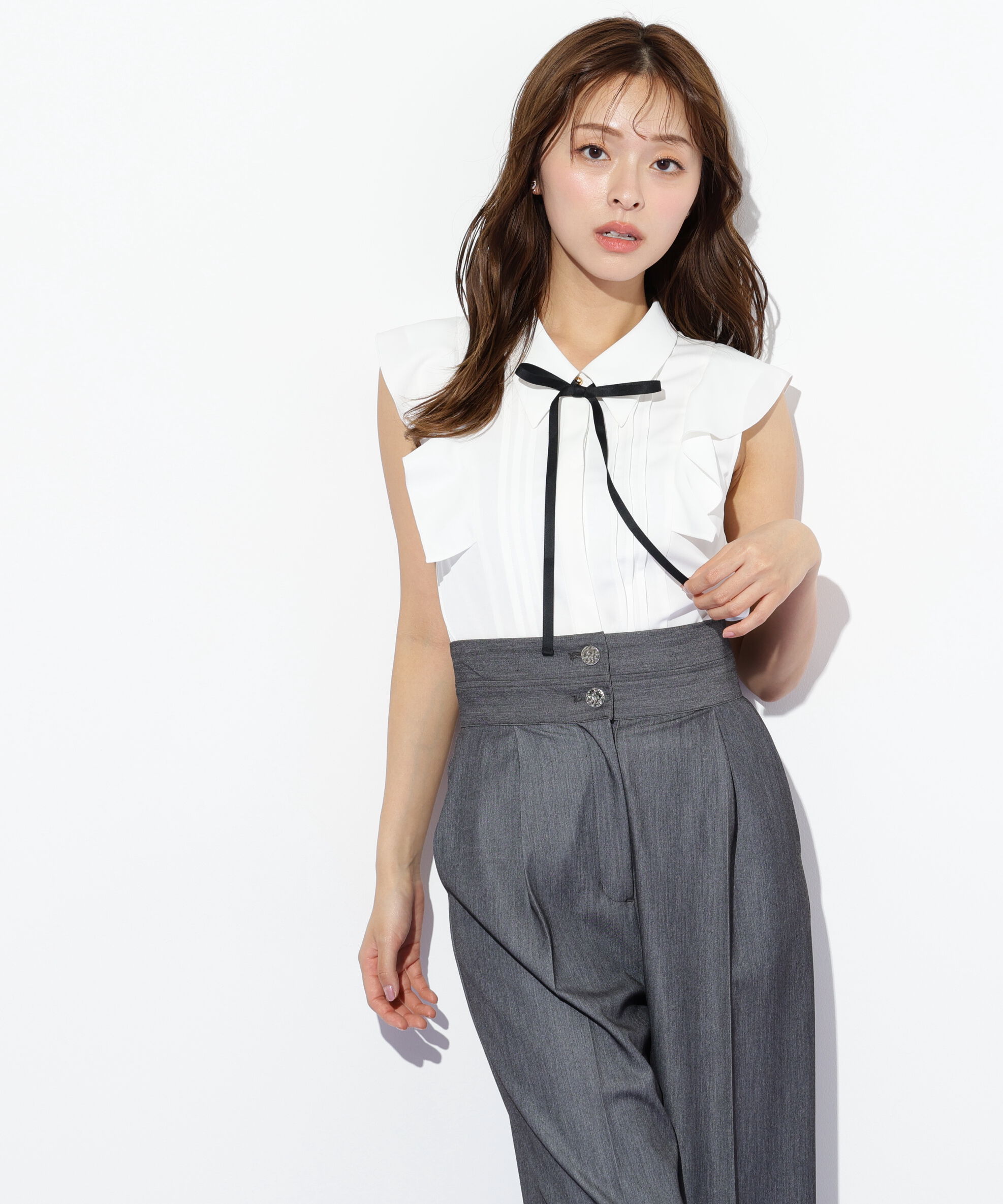  「リボン付きピンタックノースリーブブラウス」|シャツ・ブラウス|