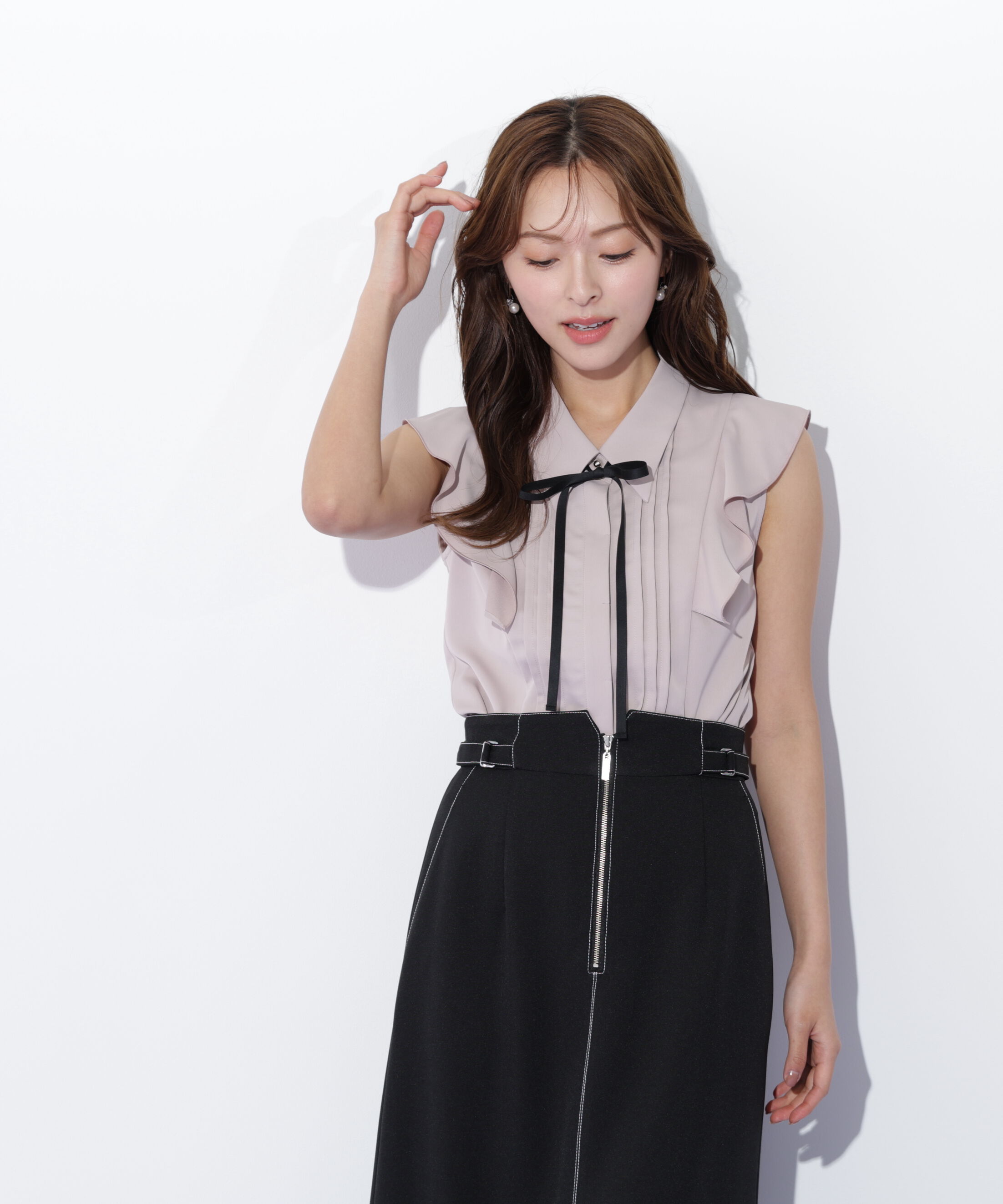  「リボン付きピンタックノースリーブブラウス」|シャツ・ブラウス|