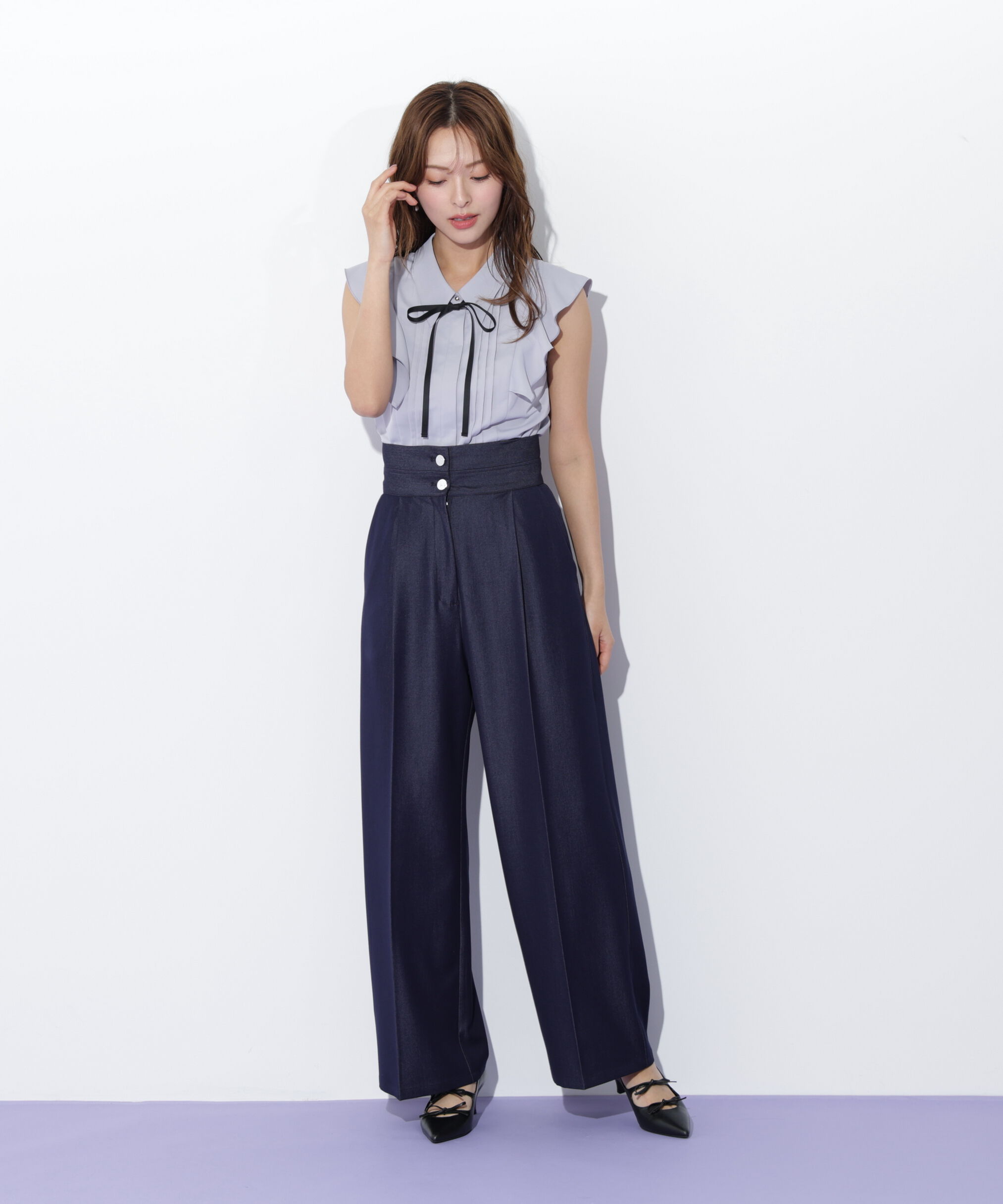  「リボン付きピンタックノースリーブブラウス」|シャツ・ブラウス|