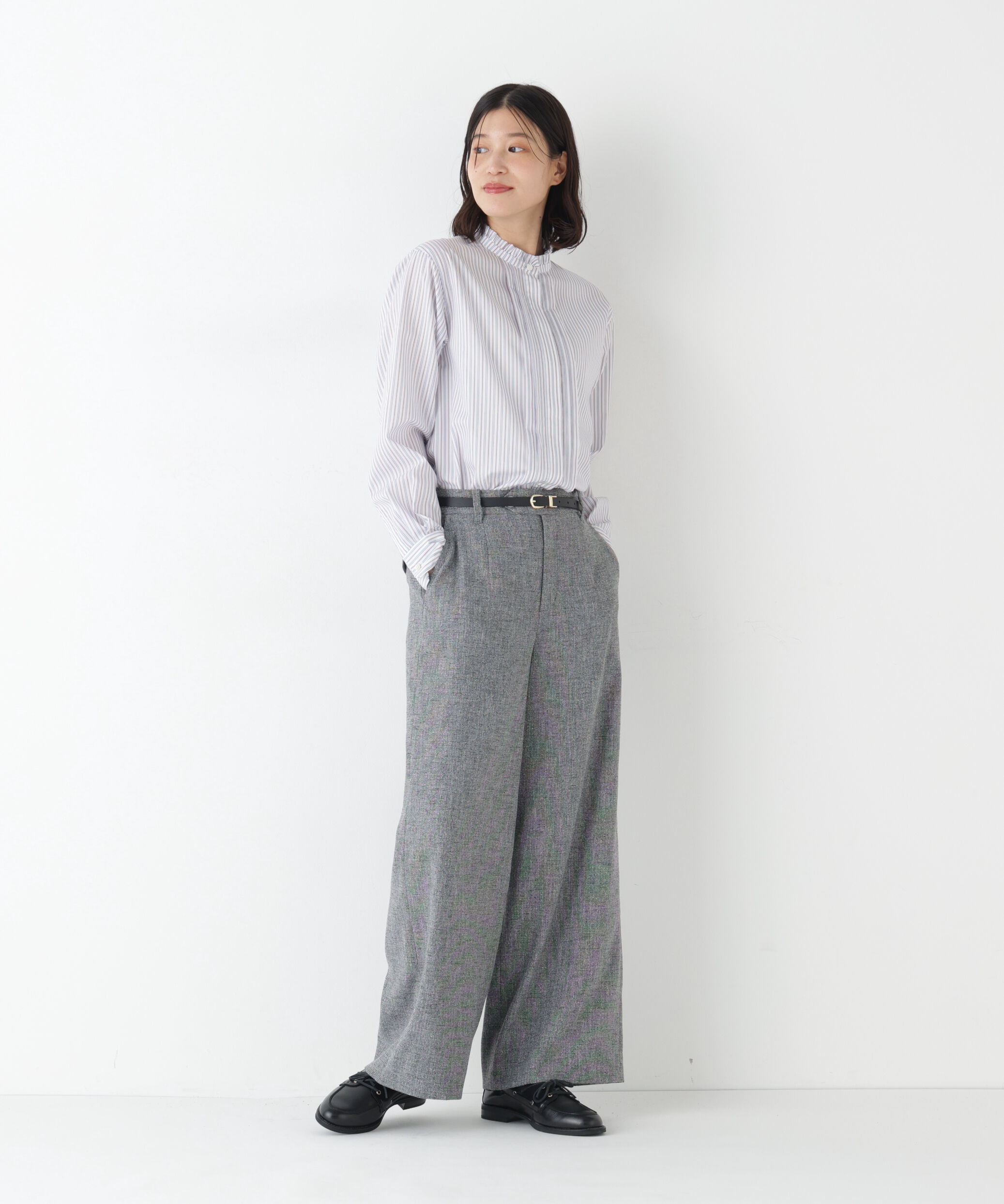  「◆《ウォッシャブル》先染めストライプスタンドフリルブラウス」|シャツ・ブラウス|