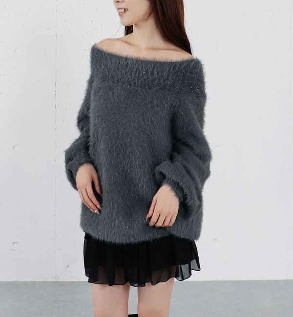 archives「スパンコールフェザーオフショルミドルニットプルオーバー」|ニット・セーター|CHARCOAL GRAY