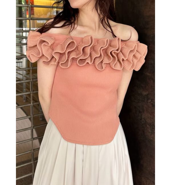 LAGUNAMOON「デコラフリルオフショルニットプルオーバー」|ニット・セーター|サーモンピンク