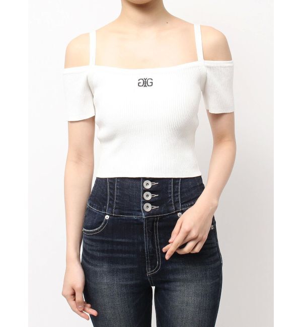 GYDA「SymmetryGYDA オフショルストラップハーフスリーブニットトップス」|ニット・セーター|オフホワイト