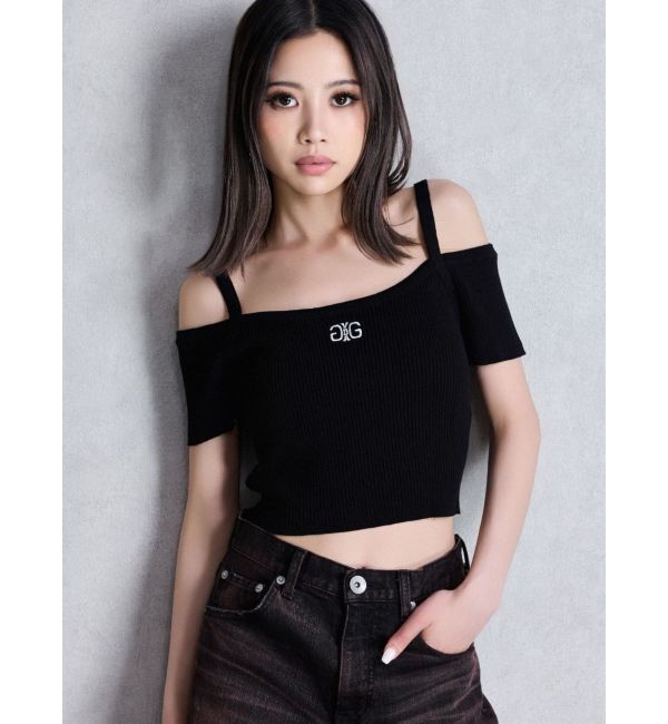 GYDA「SymmetryGYDA オフショルストラップハーフスリーブニットトップス」|ニット・セーター|