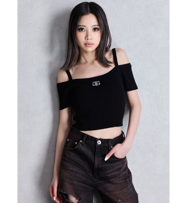 GYDA「SymmetryGYDA オフショルストラップハーフスリーブニットトップス」|ニット・セーター|