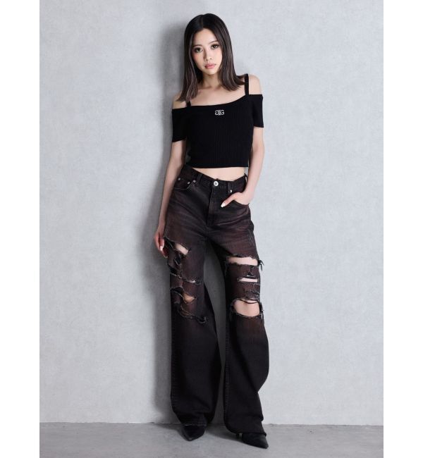 GYDA「SymmetryGYDA オフショルストラップハーフスリーブニットトップス」|ニット・セーター|