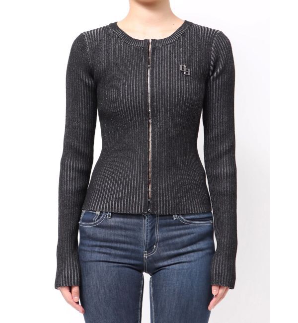 GYDA「GGプレートオープンフロントニットトップス」|ニット・セーター|ブラック