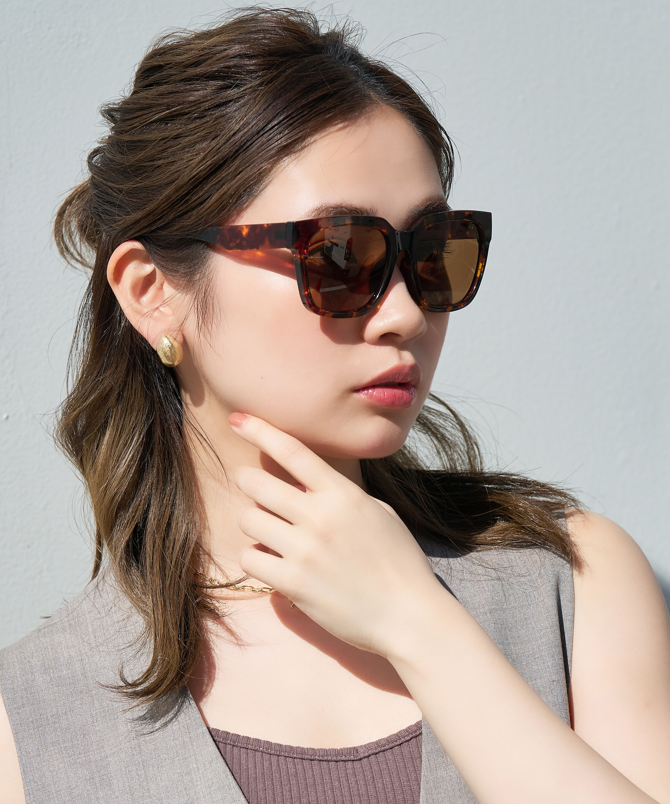  「ウェリントン型 大きめ サングラス｜Y2K ビッグシェイプ ユニセックス 小顔 おしゃれ」|サングラス|ブラウン