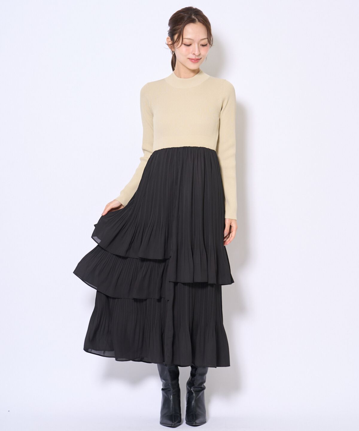 アンドクチュール「消しプリーツドッキングワンピース」|ワンピース|