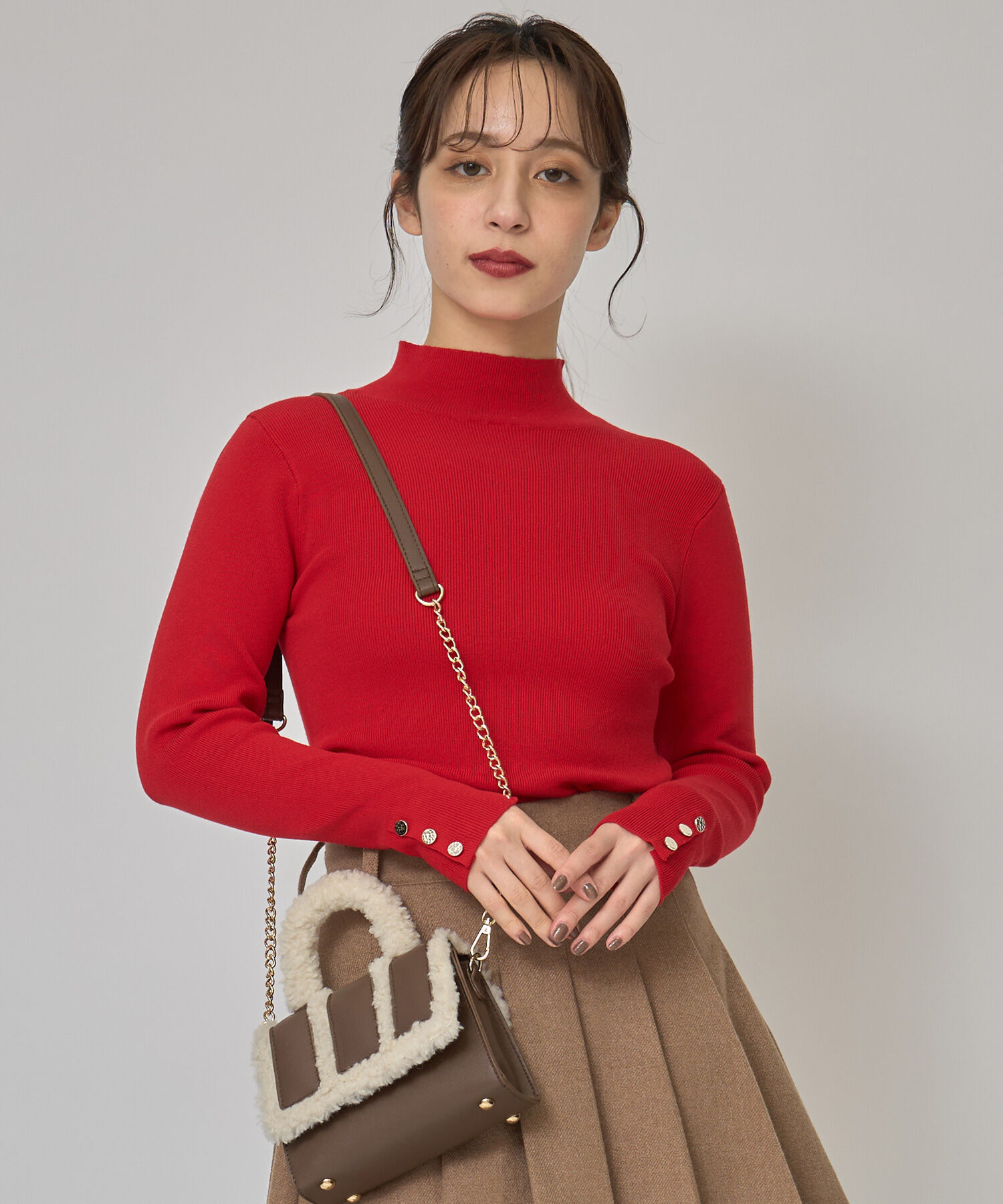 REDYAZEL「2WAYハイネックボタンニットトップス」|ニット・セーター|レッド