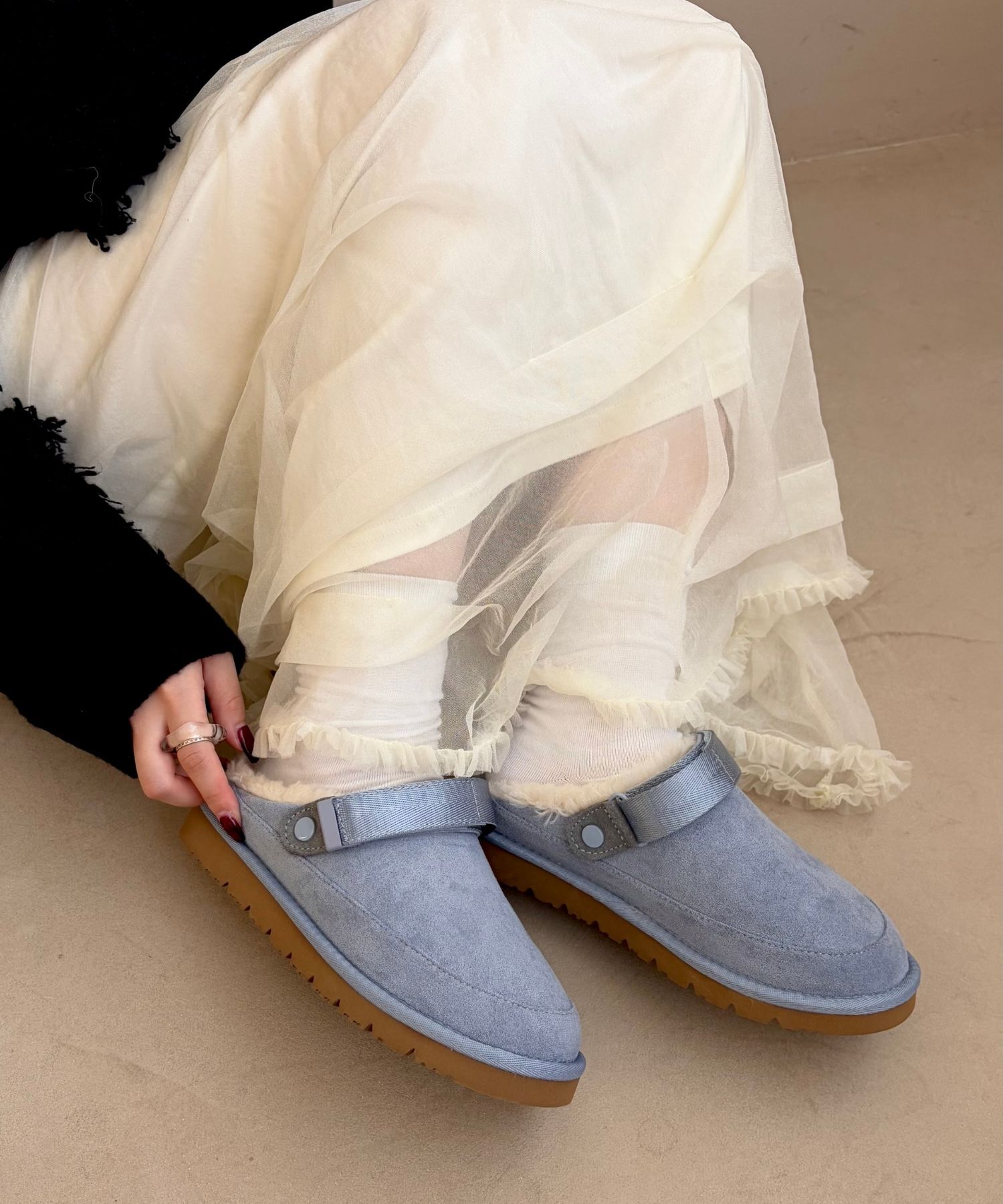 ORiental TRaffic「【 厚底 ・ 軽量 】 ムートン ベルト サンダル /55302 もこもこ 暖かい 防寒」|モカシン|BLUE