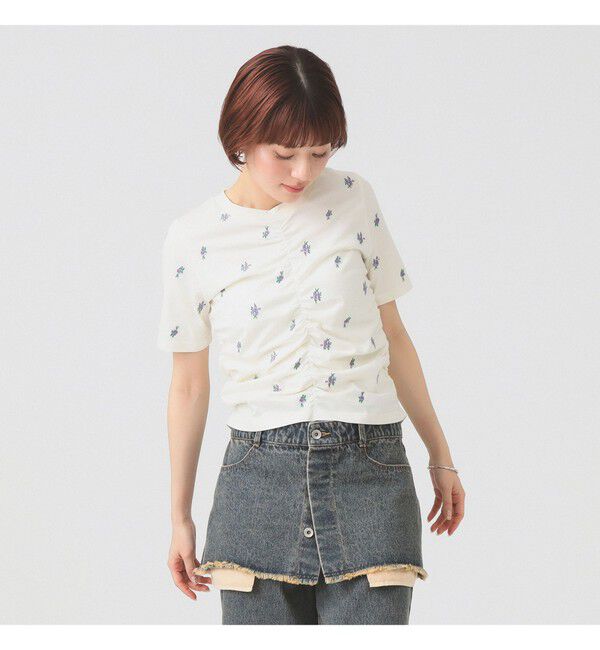 Ray BEAMS 「フラワー 刺繍 シャーリング Tシャツ」|Tシャツ・カットソー|IVORY
