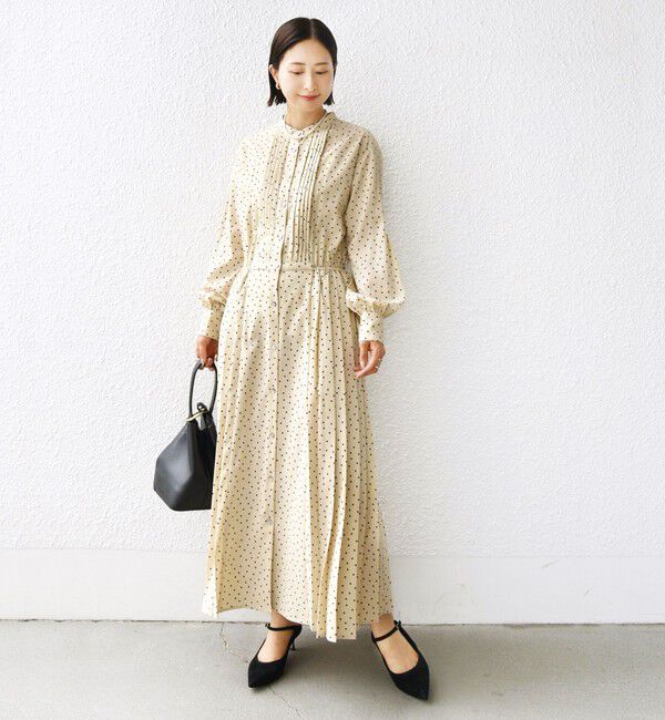 SHIPS for women「〈手洗い可能〉ドット / 花柄 バンドカラー サイド プリーツ ワンピース」|ワンピース|