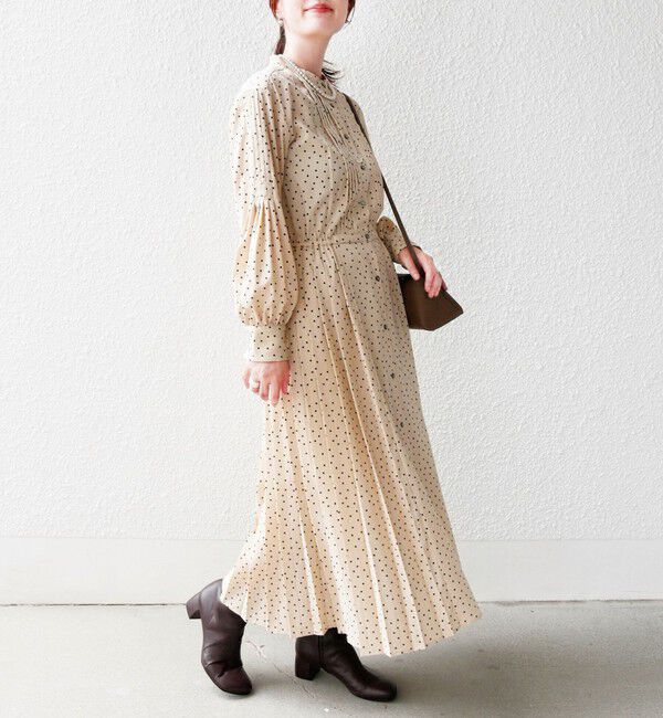 SHIPS for women「〈手洗い可能〉ドット / 花柄 バンドカラー サイド プリーツ ワンピース」|ワンピース|