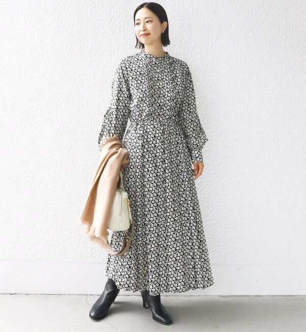 SHIPS for women「〈手洗い可能〉ドット / 花柄 バンドカラー サイド プリーツ ワンピース」|ワンピース|